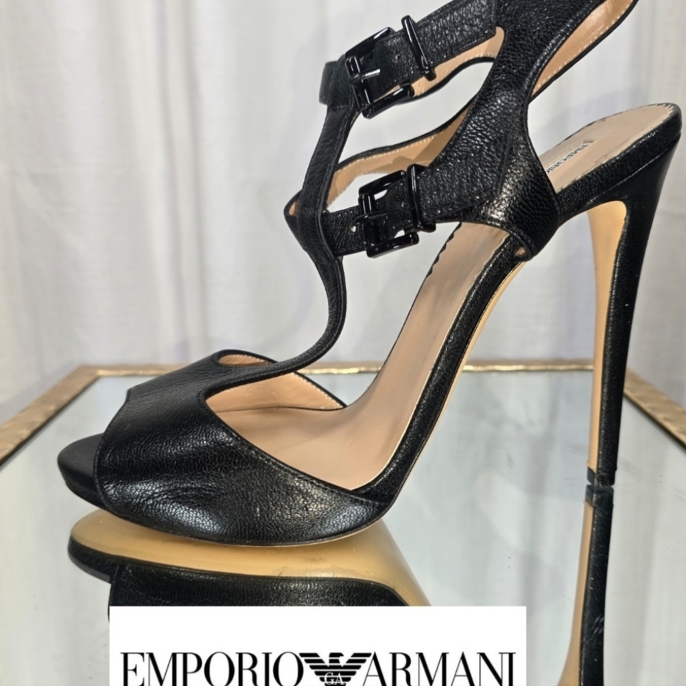 Emporio Armani Black Leather Strappy Heels - Picture 5 of 16